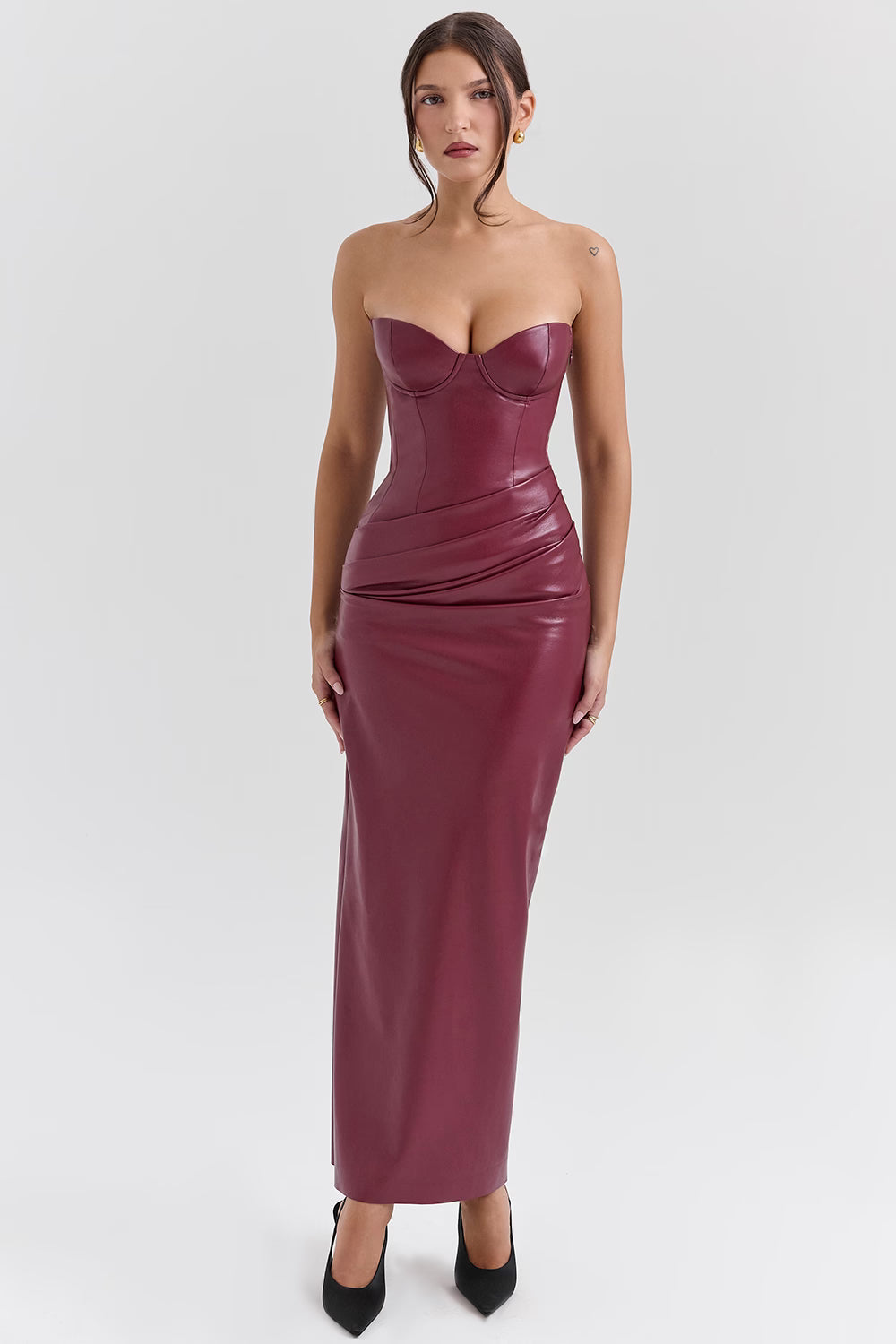 House of CB: Juliana Cabernet Vegan Leather Midi Dress