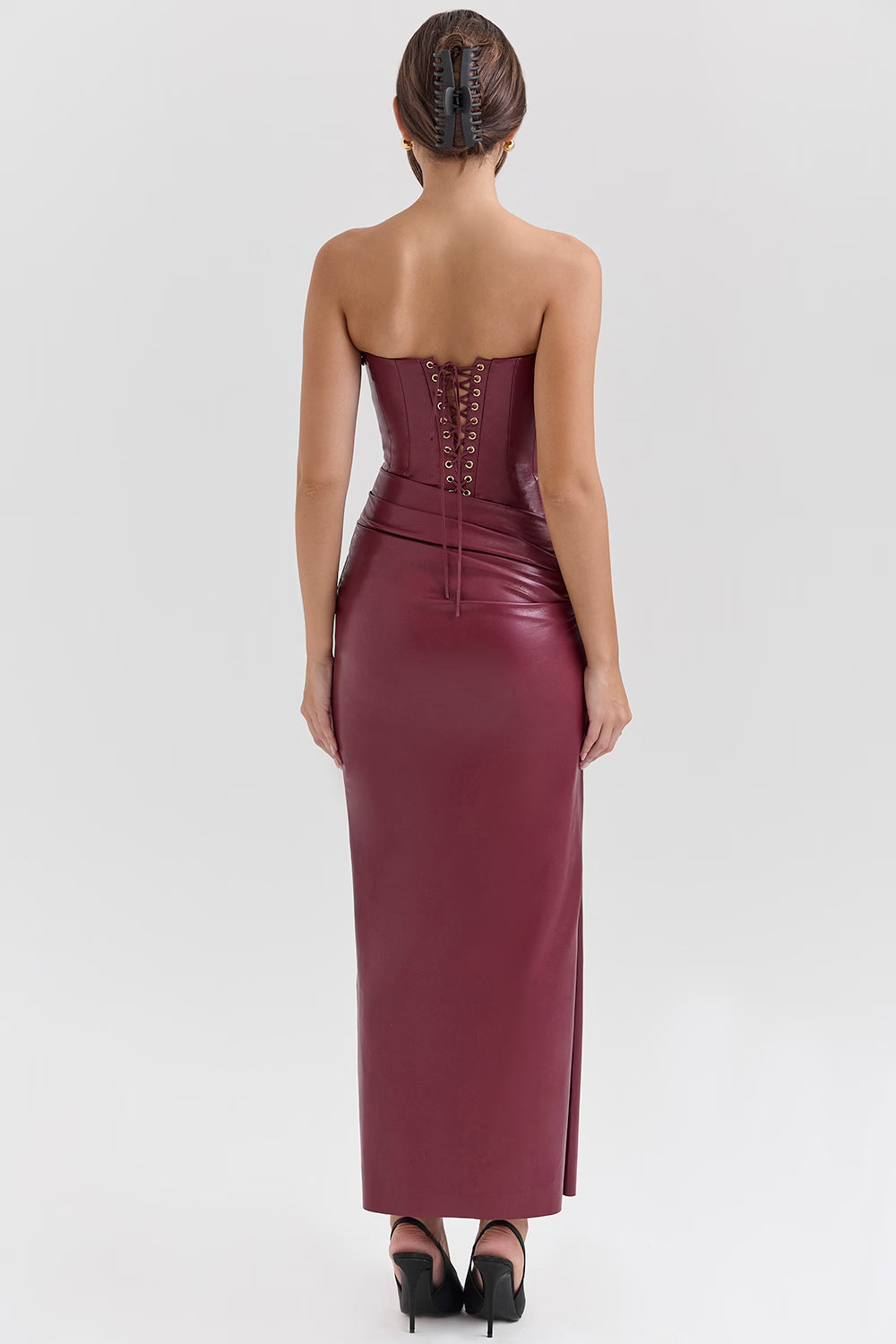House of CB: Juliana Cabernet Vegan Leather Midi Dress