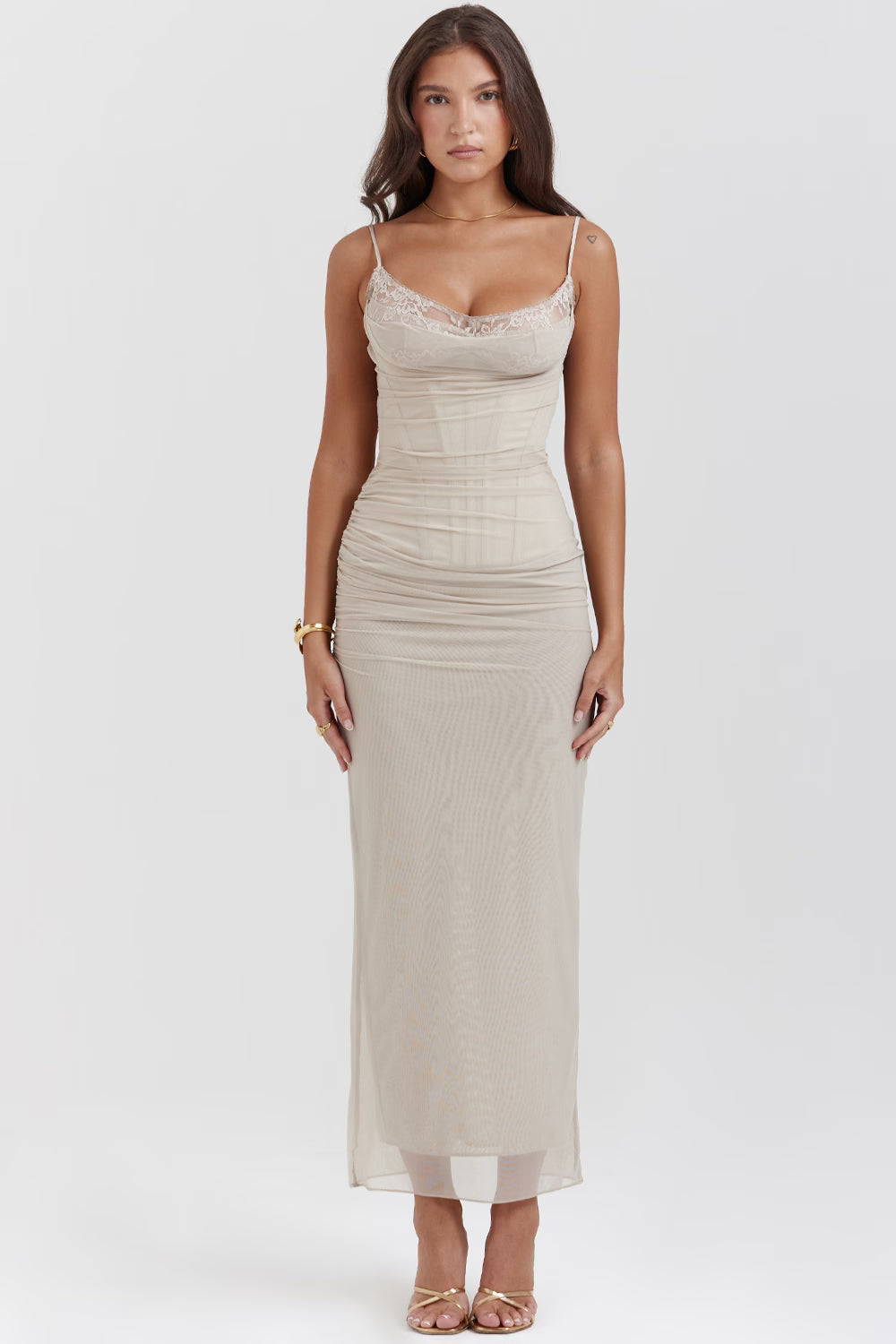 House of CB: Nalini Sand Stretch Mesh Maxi Dress