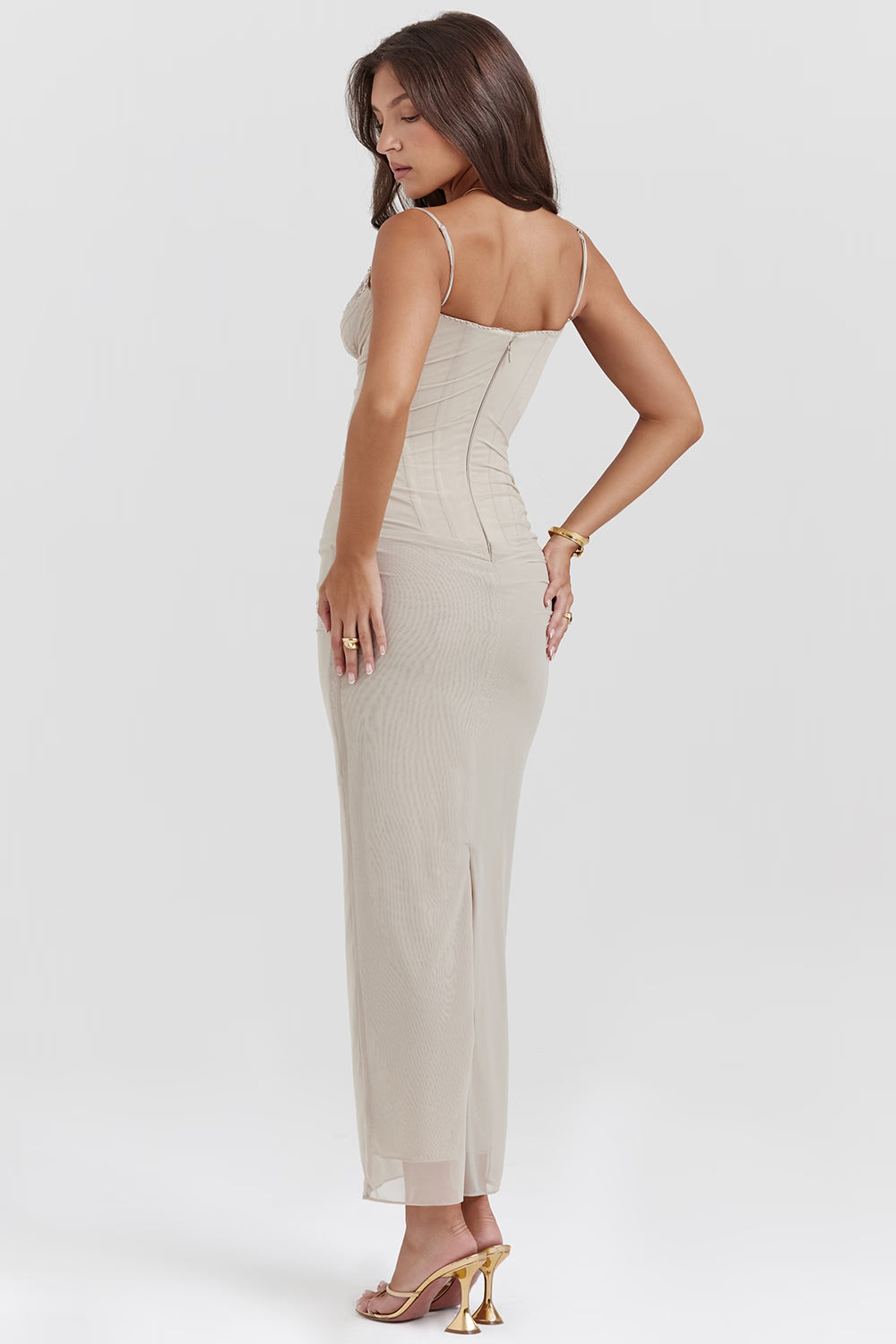 House of CB: Nalini Sand Stretch Mesh Maxi Dress