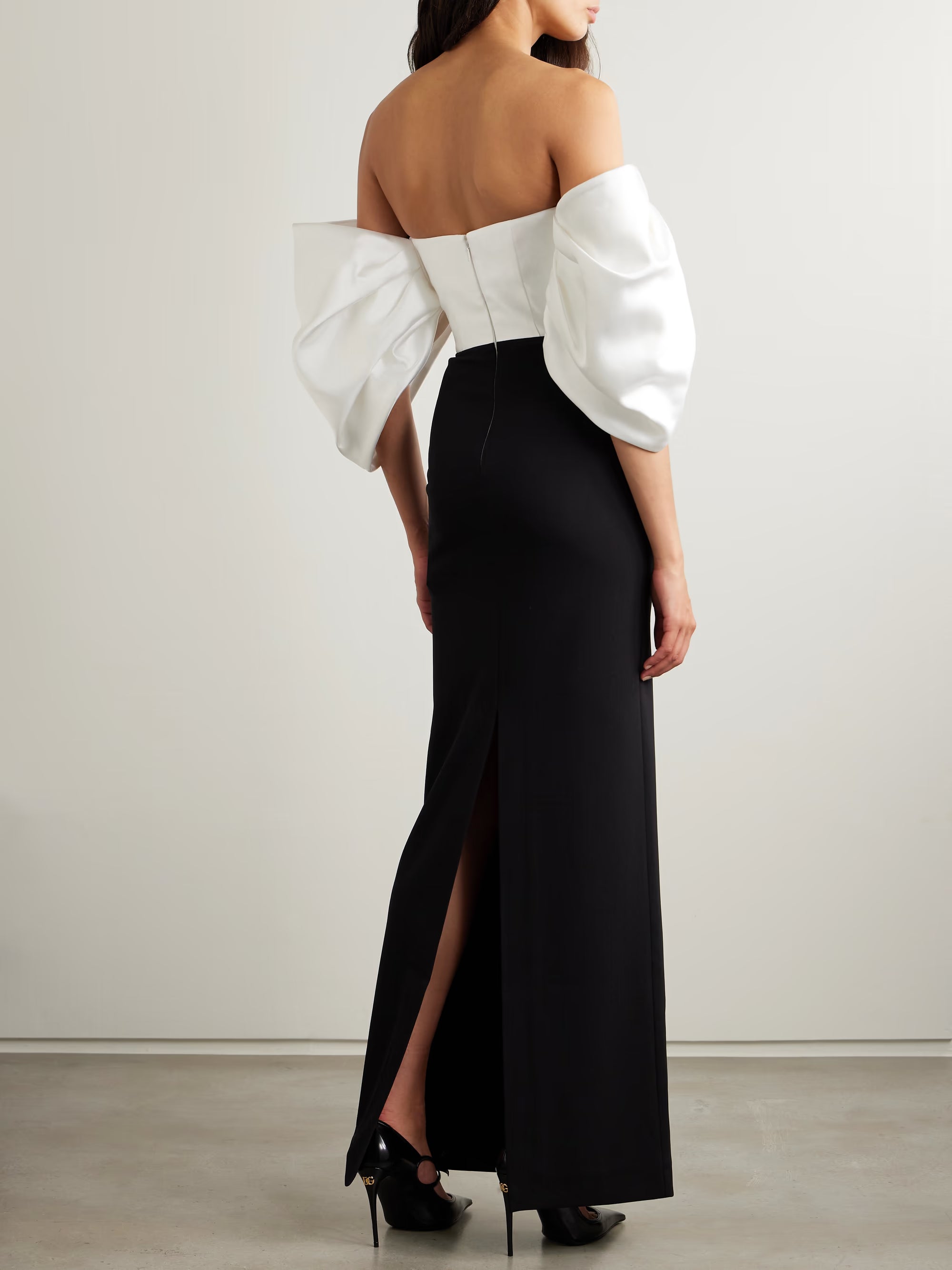 Solace London: Arla off-the-shoulder gathered satin-twill and crepe gown